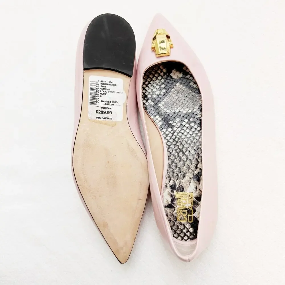 Cavalli Class Women's Logo Pointy Toe Leather Ballet Flats Nude/PInk SZ6